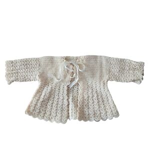 Baby Infant Sweater Open Front with Satin Tie Handmade Crocheted Oatmeal Sleeves